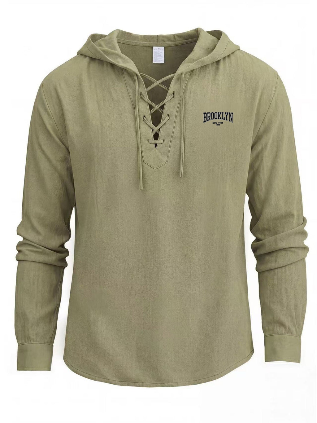 Men's Trendy Lace-up Hooded Top with a V-neck That Creates a Three-dimensional Layered Look. The Brooklyn Logo on the Left Chest Enhances the Vintage Style, Making It Suitable for Urban Explorations, Suburban Outings, and Street Strolls - Green