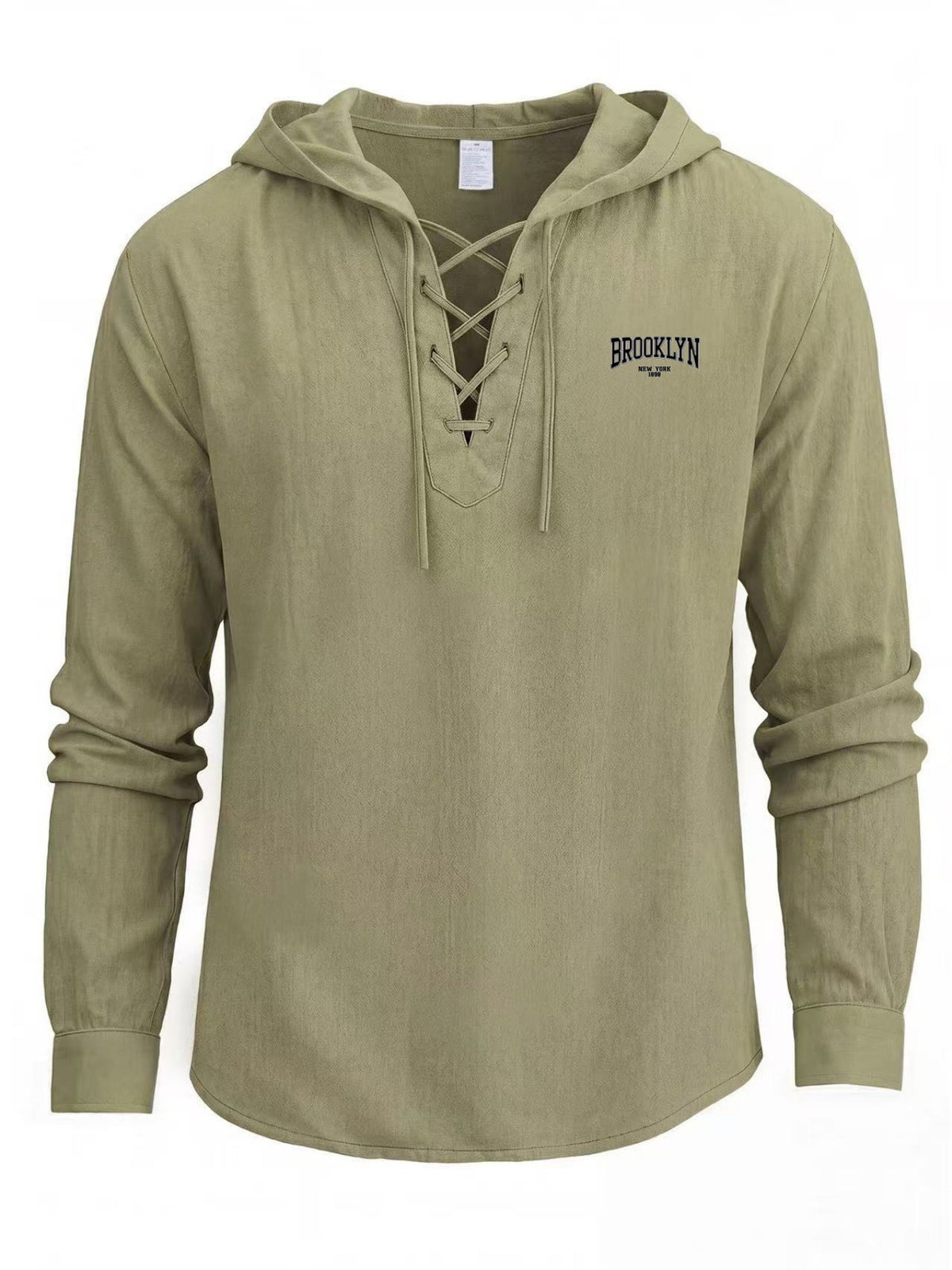 Men's Trendy Lace-up Hooded Top with a V-neck That Creates a Three-dimensional Layered Look. The Brooklyn Logo on the Left Chest Enhances the Vintage Style, Making It Suitable for Urban Explorations, Suburban Outings, and Street Strolls - Green