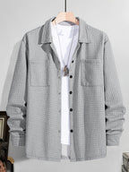 Men's Casual Solid-color Long-sleeve Shirt, Made of Comfortable Waffle-knit Fabric, Featuring a Double Chest Pocket Design, Front Button Placket, and a Loose-fit Lapel Open-front Cardigan Top, Suitable for Daily Wear and Commuting in Spring - Light Grey