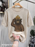 2D Digital Partial Print Men'S Lightweight Knit Pullover Base Layer Outerwear American Retro Hat Sunglasses Cool Bear Pattern Fashion Round Neck Casual Short Sleeve Top All-Match Street Trendy Wear Summer Thin Breathable Knit Sweater Individual Anim - Off-white