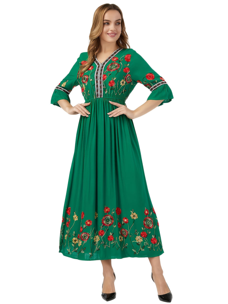 Bohemian Style Women'S Floral Embroidered Maxi Dress - V-Neck, 3/4 Sleeve, Elastic High Waist, Slight Flare Skirt, Ideal for Wedding Guests, Vacation, And Casual Wear - Green