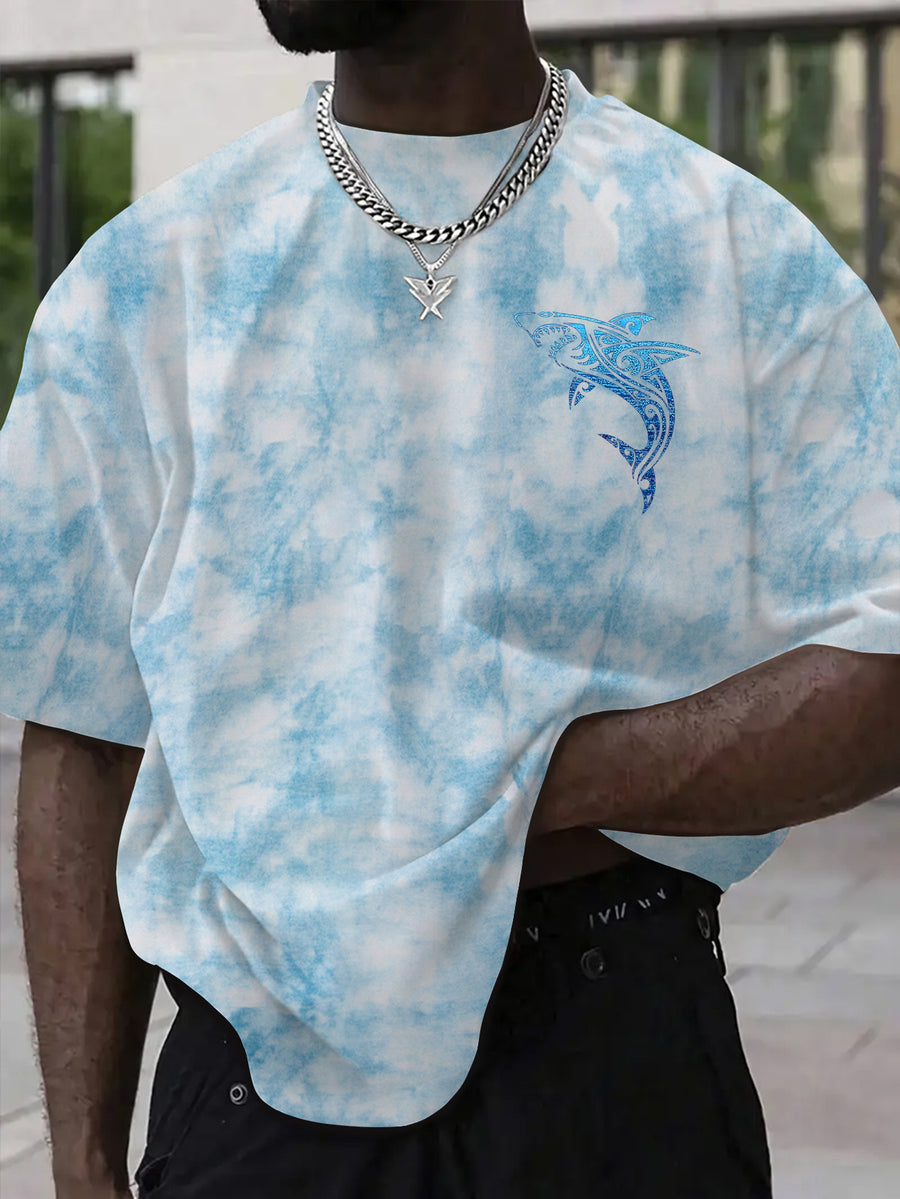 Men's American Tie-Dye Short Sleeve Street Style Shark Print Tie-Dye T-Shirt - Sky Blue