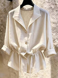New Women'S Loose Casual Drawstring Long Sleeve Shirt - Apricot