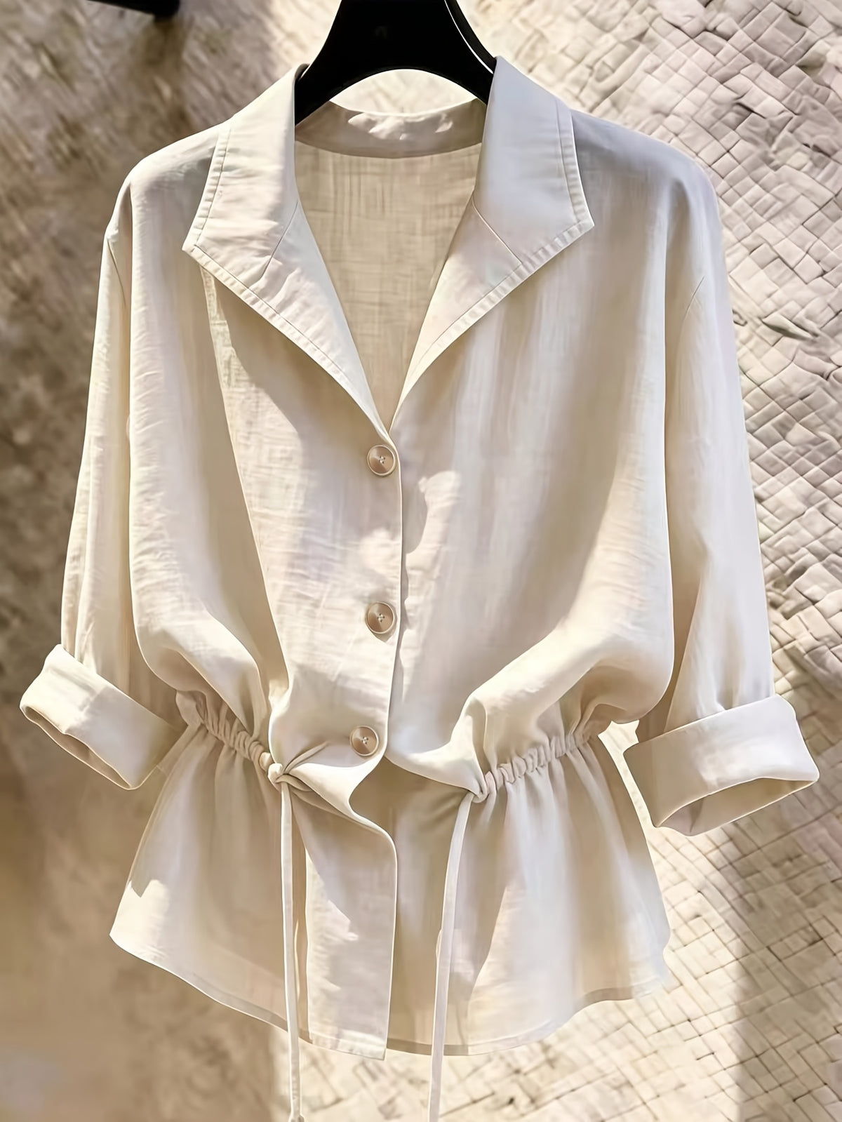 New Women'S Loose Casual Drawstring Long Sleeve Shirt - Apricot