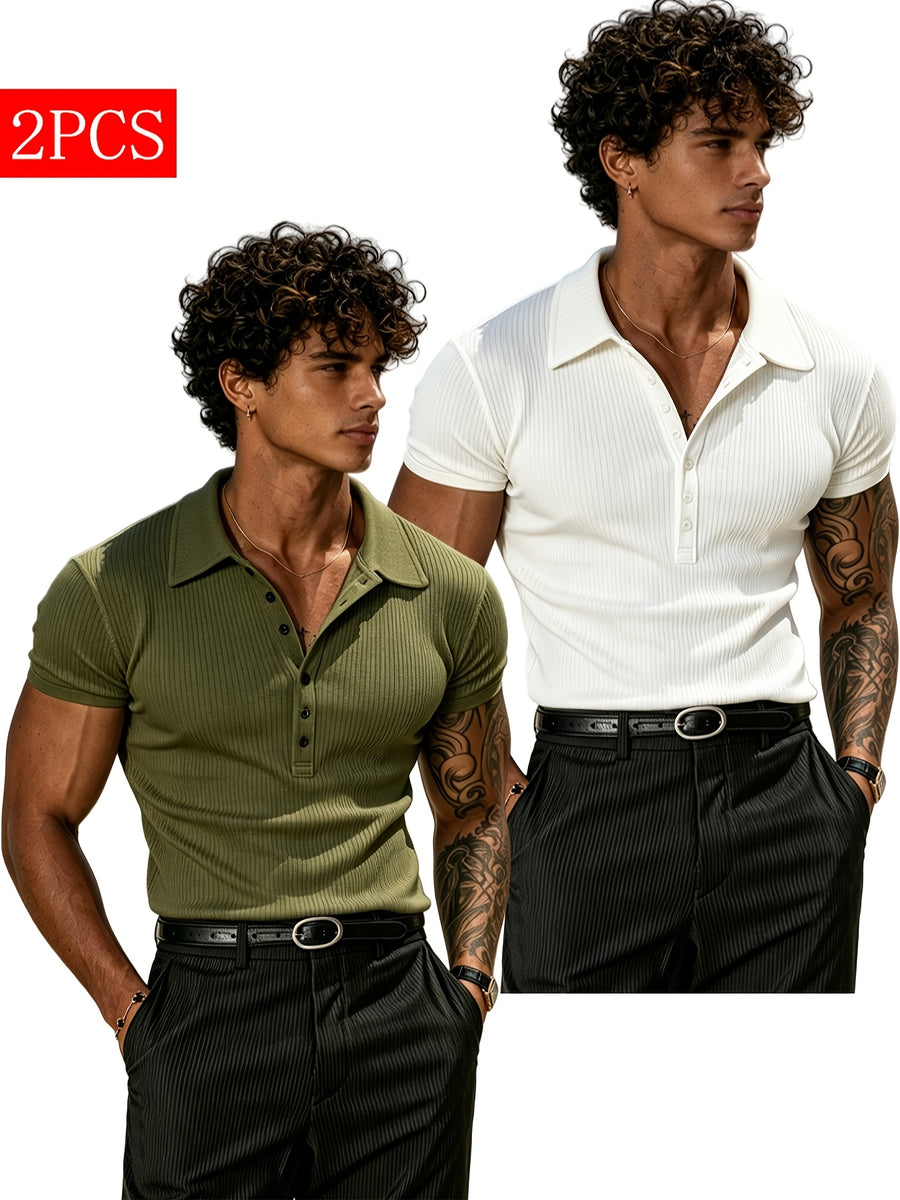 2pcs Mixed Pc Men'S Summer Easy Solid Henley Short Sleeve T-Shirts Classic Lapel And 7-Button Design High-Elastic Skin-Friendly Ribbed Polo Shirt Moisture-Wicking Breathable Base Layer Suitable for Outdoor Sports And Casual Wear Multi-Color Combinat - White+Army Green
