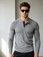 Men's Waffle Knit Henley Long Sleeve Shirts, Raglan Sleeve 3 Button Placket Crew Neck T-Shirt, Casual Slim Fit Lightweight Basic Tops for Daily Workout Outdoor Winter Clothes for Men - Grey