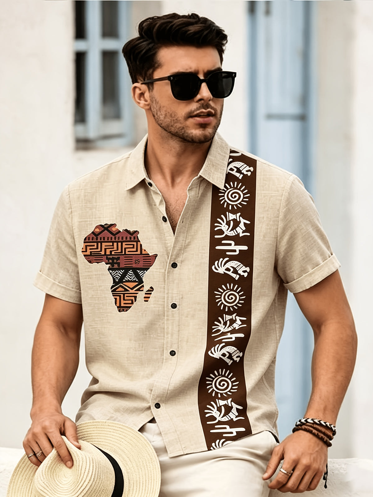 Men'S Summer Short Sleeve Casual Shirt, Button-Top Fashionable Versatile Shirt, Machine Washable, Lightweight And Breathable Fabric, Beach Vacation Pool Party, Daily Travel, Leisure Gathering - Khaki