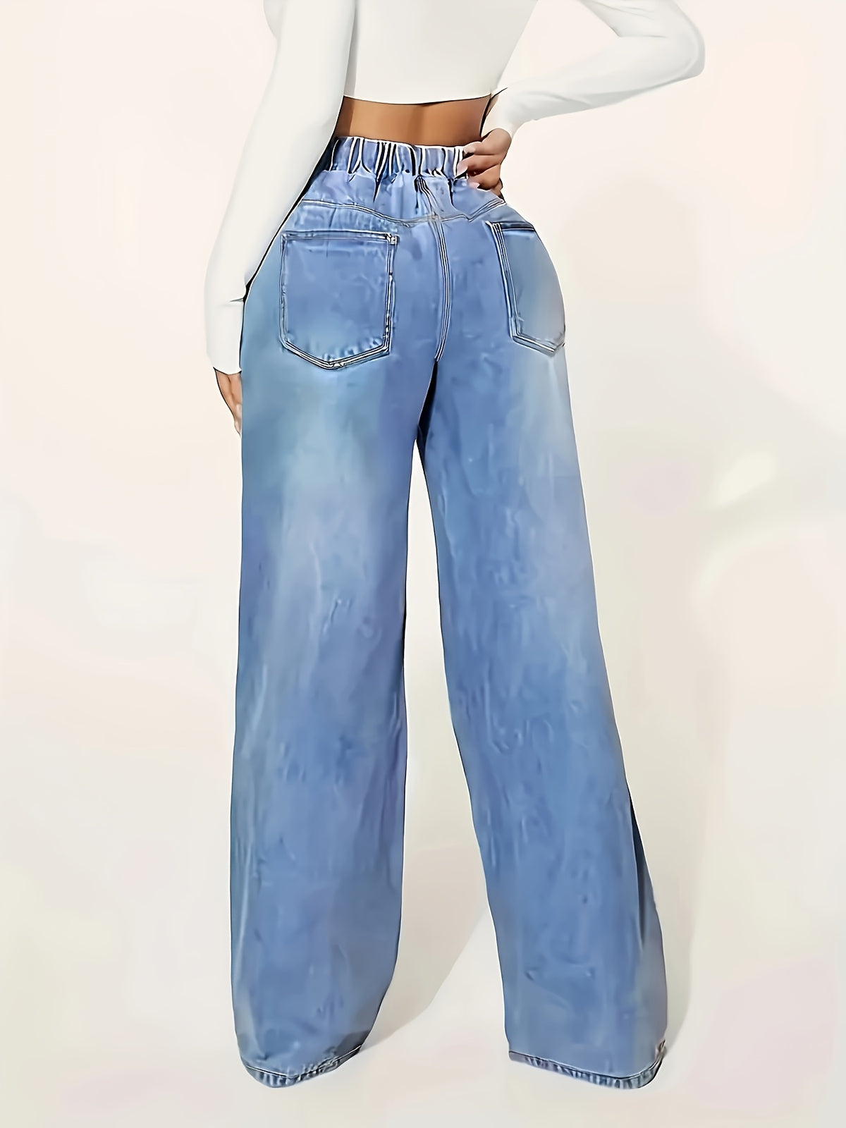 Women's Elasticated Loose Wide-leg Jeans - Light Blue