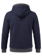 Autumn/Winter Men's Thickened Jacquard Long-Sleeve Open Cardigan Jacket, Hooded Fashionable Checkered Jacquard Textured Fabric, Comfortable Outerwear Suitable for Daily Outings, Outdoor Sports, Travel, and Vacations. Lightweight and Comfortable - Navy Color
