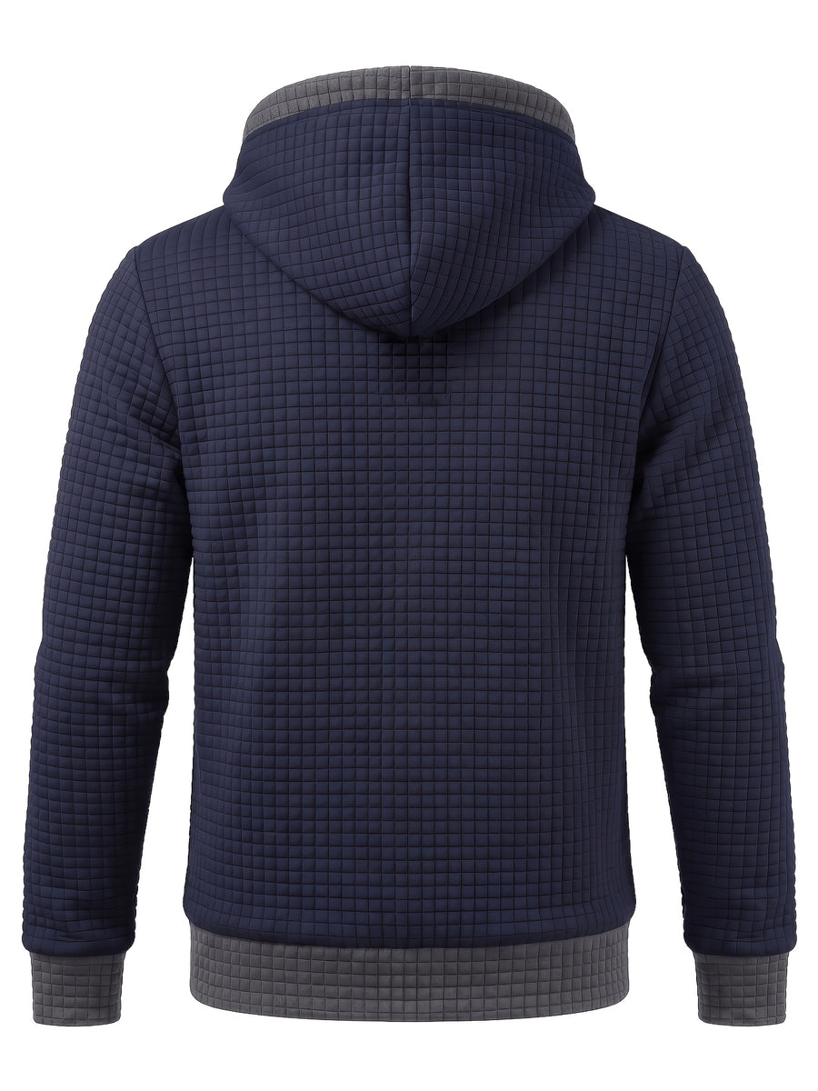 Autumn/Winter Men's Thickened Jacquard Long-Sleeve Open Cardigan Jacket, Hooded Fashionable Checkered Jacquard Textured Fabric, Comfortable Outerwear Suitable for Daily Outings, Outdoor Sports, Travel, and Vacations. Lightweight and Comfortable - Navy Color