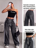 2026 Spring/Autumn New Women'S Jeans, Elastic Waistband with Drawstring, Contrast Color Patchwork Design Side Stripe Casual Style Women'S Jeans - Black