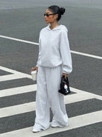 2026 Sporty Solid Color Hooded Sweatshirt Set for Women, Loose Drop-Shoulder Casual Wide-Leg Pants 2pcs Set - Granny Gray