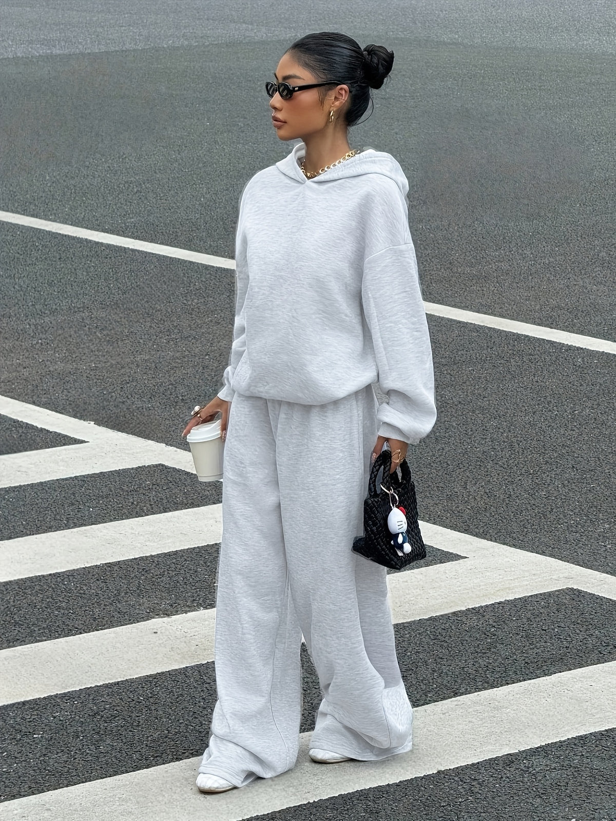 2026 Sporty Solid Color Hooded Sweatshirt Set for Women, Loose Drop-Shoulder Casual Wide-Leg Pants 2pcs Set - Granny Gray