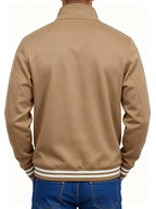 Men's Solid Color Half-Zip Stand Collar Sweatshirt, Mountain Print with Striped Ribbed Cuffs and Hem, Loose Fit Casual Sport Pullover, Daily Vintage Style Jacket - Khaki 1