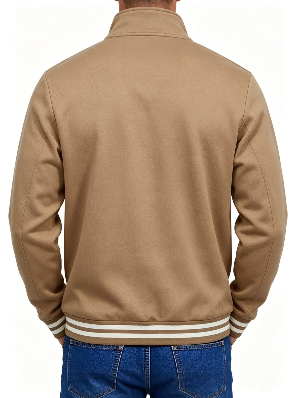Men's Solid Color Half-Zip Stand Collar Sweatshirt, Mountain Print with Striped Ribbed Cuffs and Hem, Loose Fit Casual Sport Pullover, Daily Vintage Style Jacket - Khaki 1