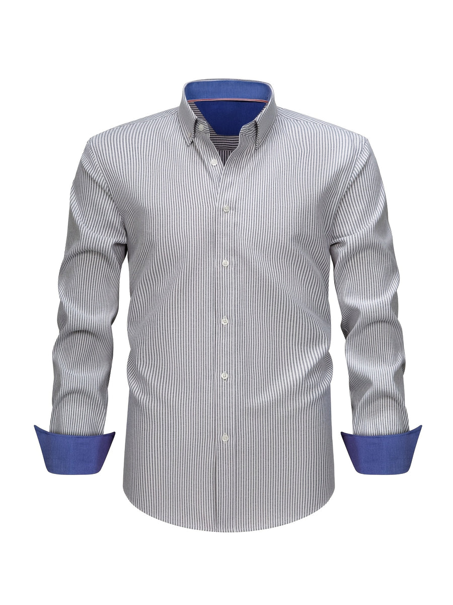 New Cotton Oxford Shirt for Men, Casual Fashion Long Sleeve with Collar and Cuff Patchwork Design, Comfortable and Fitted Business Loose Shirt, Button-Up Striped Dress Shirt, Long Sleeve Collared Striped Dress Shirt for Office Work, Fine Stripe Shirt - White Stripes On Black Background