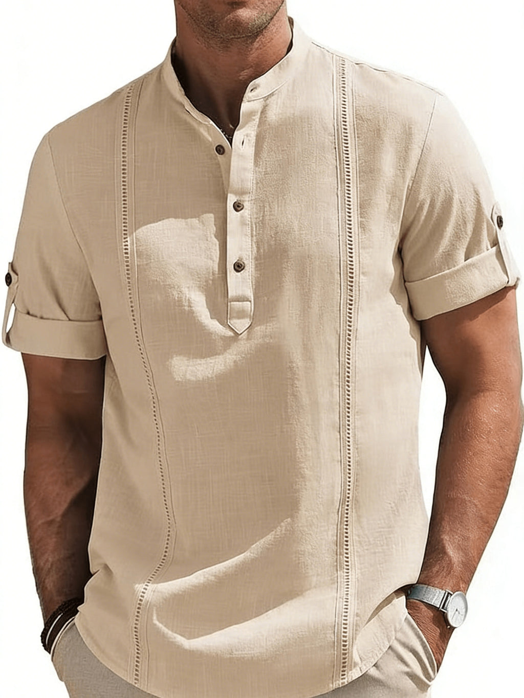 Men'S Short Sleeve Shirt, Stand Collar Half-Button Cuff with Roll-Up Sleeves, Business Casual Breathable Top - Apricot