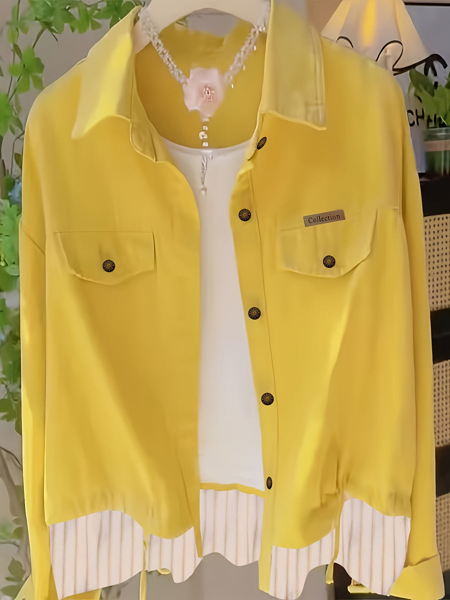 Spring and Autumn Fashion Striped Patchwork Top - Lemon Yellow