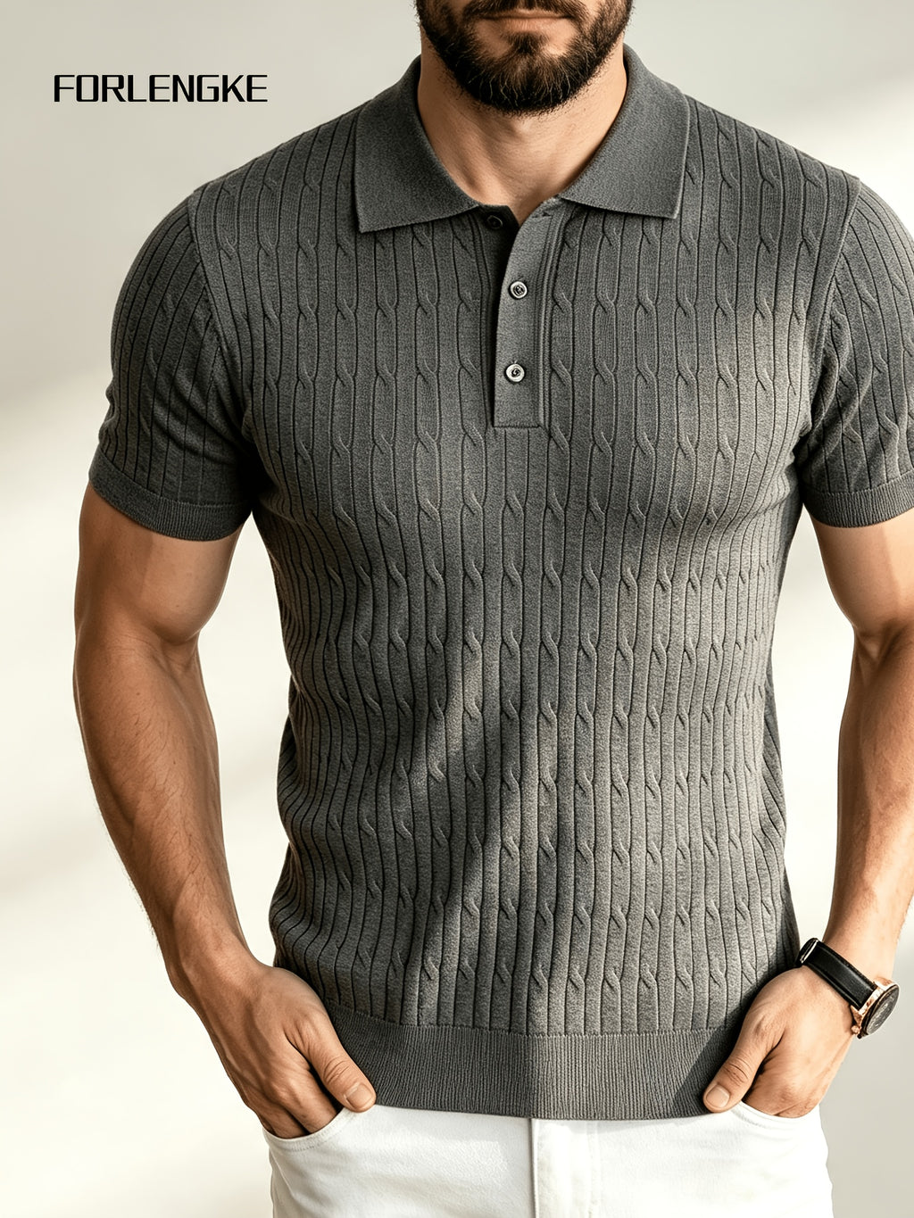 American-style Mature Middle-aged Men's Vertical Rib-knit Polo Shirt, Summer Lightweight Solid Color Lapel Short Sleeve, Urban Outdoor Street Style Loose-fit Textured Business Casual Top - Grey