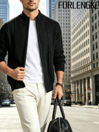 FORLENGKE Early Autumn New Arrival Men's Italian-Style Minimalist Formal Knit Stand Collar Cardigan, Zipper Open Front for Layering with Inner Wear, Autumn/Winter Golf, Casual, Office Commute, Shopping, Market Strolling, Daily Wear Top - Black