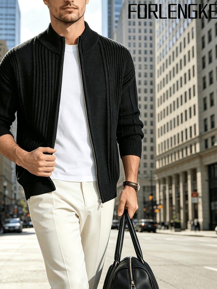 FORLENGKE Early Autumn New Arrival Men's Italian-Style Minimalist Formal Knit Stand Collar Cardigan, Zipper Open Front for Layering with Inner Wear, Autumn/Winter Golf, Casual, Office Commute, Shopping, Market Strolling, Daily Wear Top - Black