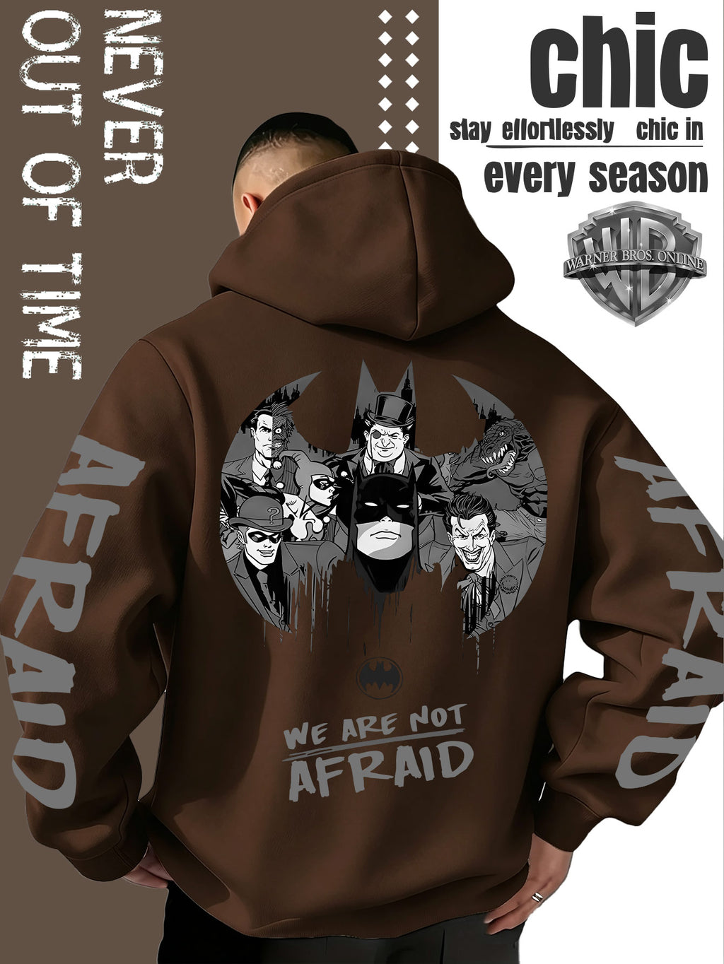 Men'S Hooded Sweatshirt Superhero Villain Group Black And White Comic Print, Batman Good And Evil Characters Gathered Design, Themed English Slogans And Rich Visuals, Dual Sleeves with Eye-Catching Graffiti Art Font - Coffee Color