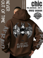 Men'S Hooded Sweatshirt Superhero Villain Group Black And White Comic Print, Batman Good And Evil Characters Gathered Design, Themed English Slogans And Rich Visuals, Dual Sleeves with Eye-Catching Graffiti Art Font - Coffee Color
