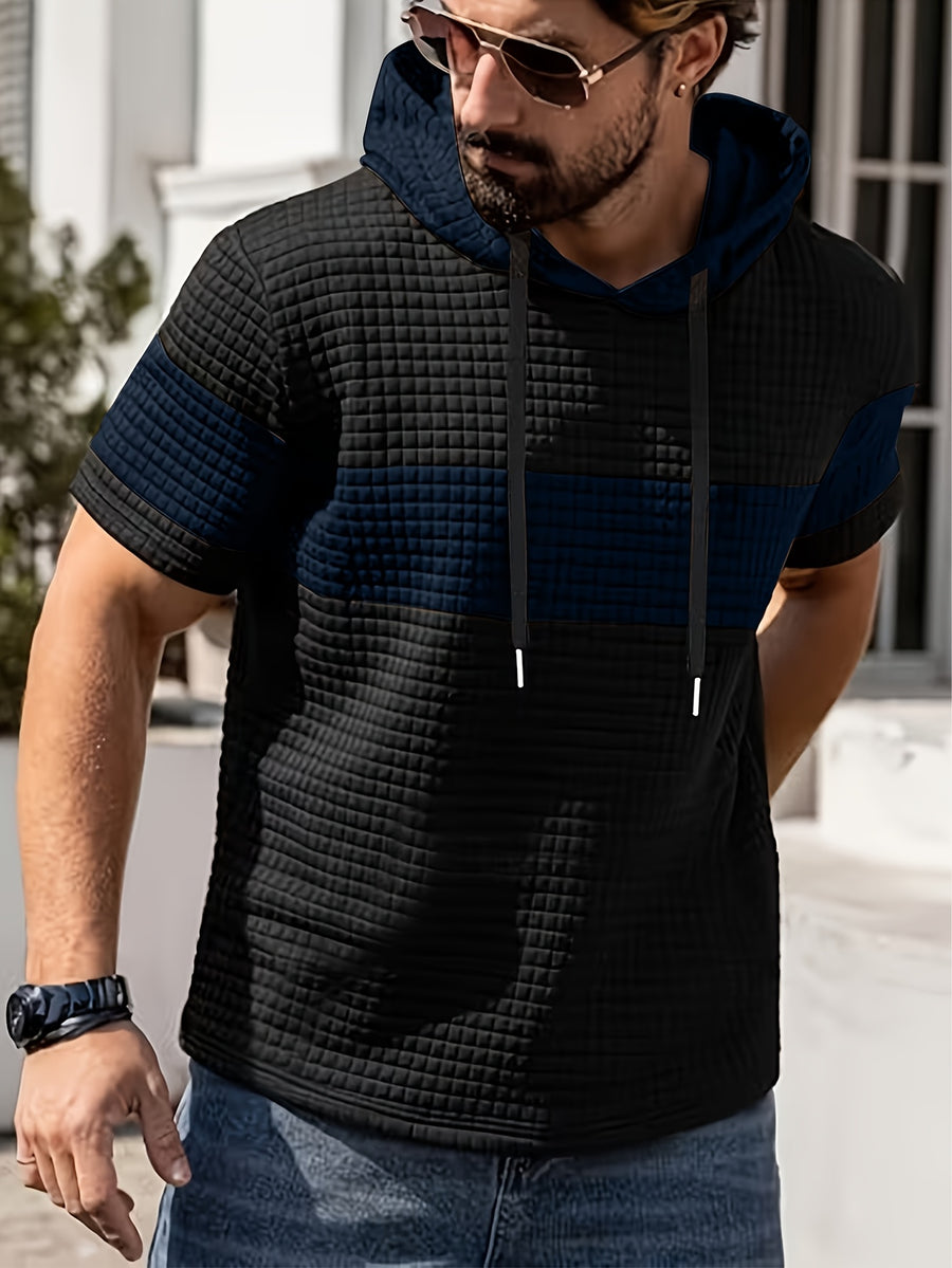 Men'S Summer Essential Hooded Short Sleeve T-Shirt, Casual Loose Fit, Breathable And Wrinkle-Resistant Fabric, Durable And Non-Deformable, Drawstring Hood Design, Arched Hem for Body Shaping, Statement Color Block for Trendy Appeal - Deep Blue