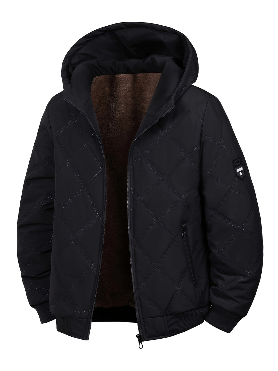 New Autumn/Winter Men's Diamond Stitch Hooded Padded Coat, Plush -Lined Thickened Outerwear, Outdoor Hiking Cold-Proof Warm Windproof Zipper Pocket Padded Coat - Black
