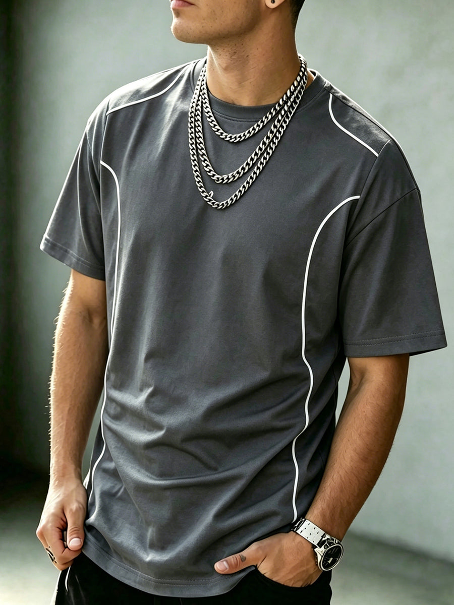 1 Men's Sporty Line Art Solid Color Short-Sleeve T-Shirt, Lightweight, Wear-Resistant, Anti-Pilling Street Style T-Shirt, 100% Polyester Fiber Quick-Drying, Breathable, Stretchy Short-Sleeve Top, Suitable for the Gym, Daily Outings, and Versatile - Dark Gray