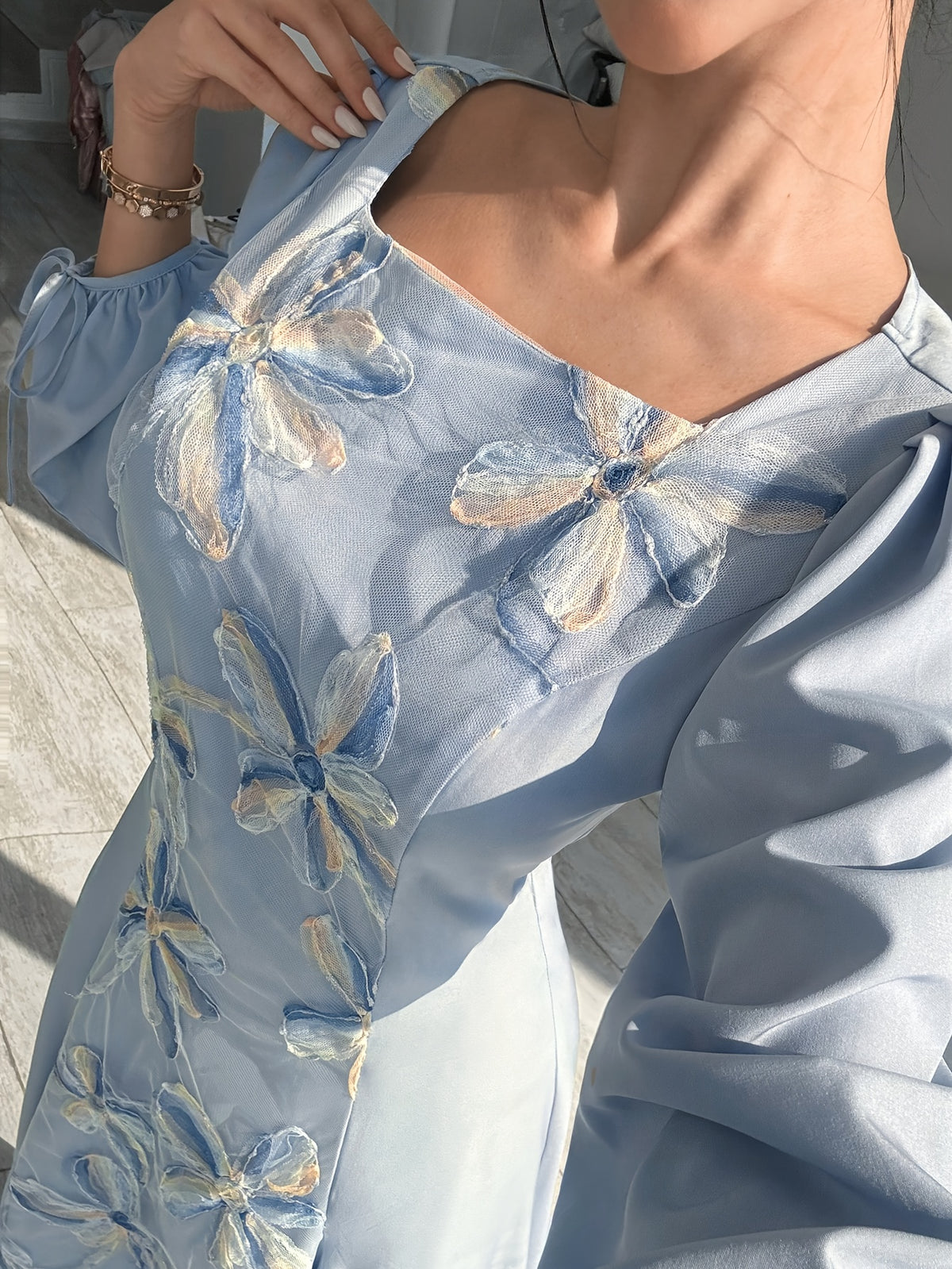 New Women'S Dress New Misty Blue 3D Floral Dress Women'S French Elegant Square Neck Puff Long Sleeve Loose Long Dress Light Luxury Premium Drape Long Skirt Meat-Covering A-Line Style Banquet Date Party Gathering Daily Casual Temperament Outfit Niche - Blue