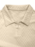 Premium Rhombus Men's Long Sleeve Polo Shirt with Notched Lapel and Small V-Neck Design, a Top for Men's Commuting and Party Wear (Texture Random) - Apricot
