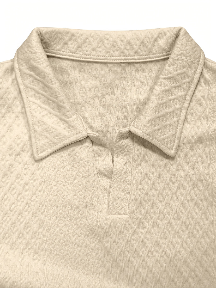 Premium Rhombus Men's Long Sleeve Polo Shirt with Notched Lapel and Small V-Neck Design, a Top for Men's Commuting and Party Wear (Texture Random) - Apricot