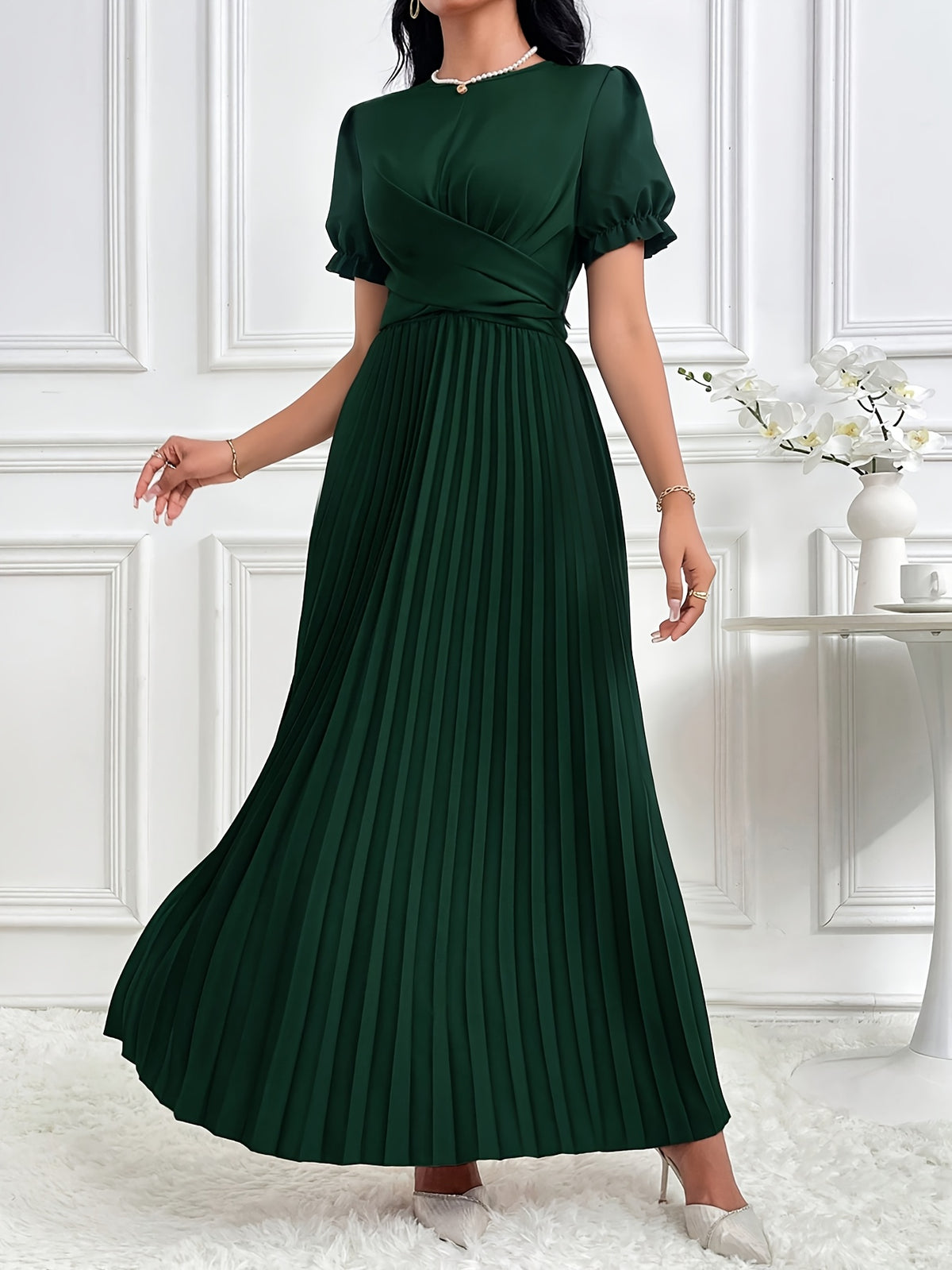 Women'S Solid Lantern Sleeve Ruffled Elegant Long Dress, Spring/Summer - Dark Green