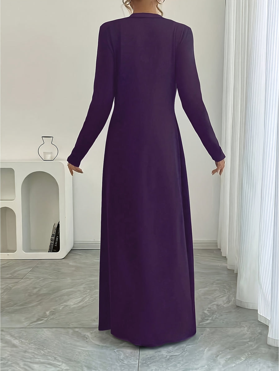 New Spring/Autumn Women's European and American Style Daily Solid Color Long Button-Up Cardigan, Long Sleeve, Slim Fit, Casual Commuter Outerwear - Purple