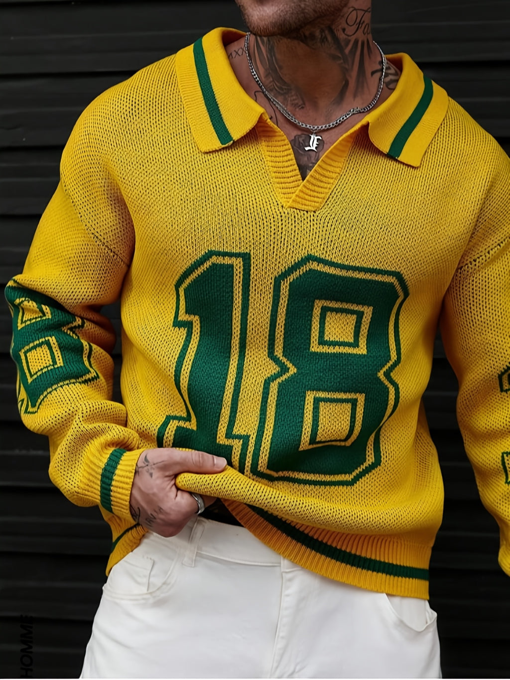 Men'S Polo Neck Knit Sweater with 18-Digit Pattern, Long Sleeve Casual Pullover, Retro Preppy Sporty Loose Fit Fall Winter Gray Top - Yellow