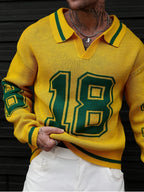 Men'S Polo Neck Knit Sweater with 18-Digit Pattern, Long Sleeve Casual Pullover, Retro Preppy Sporty Loose Fit Fall Winter Gray Top - Yellow