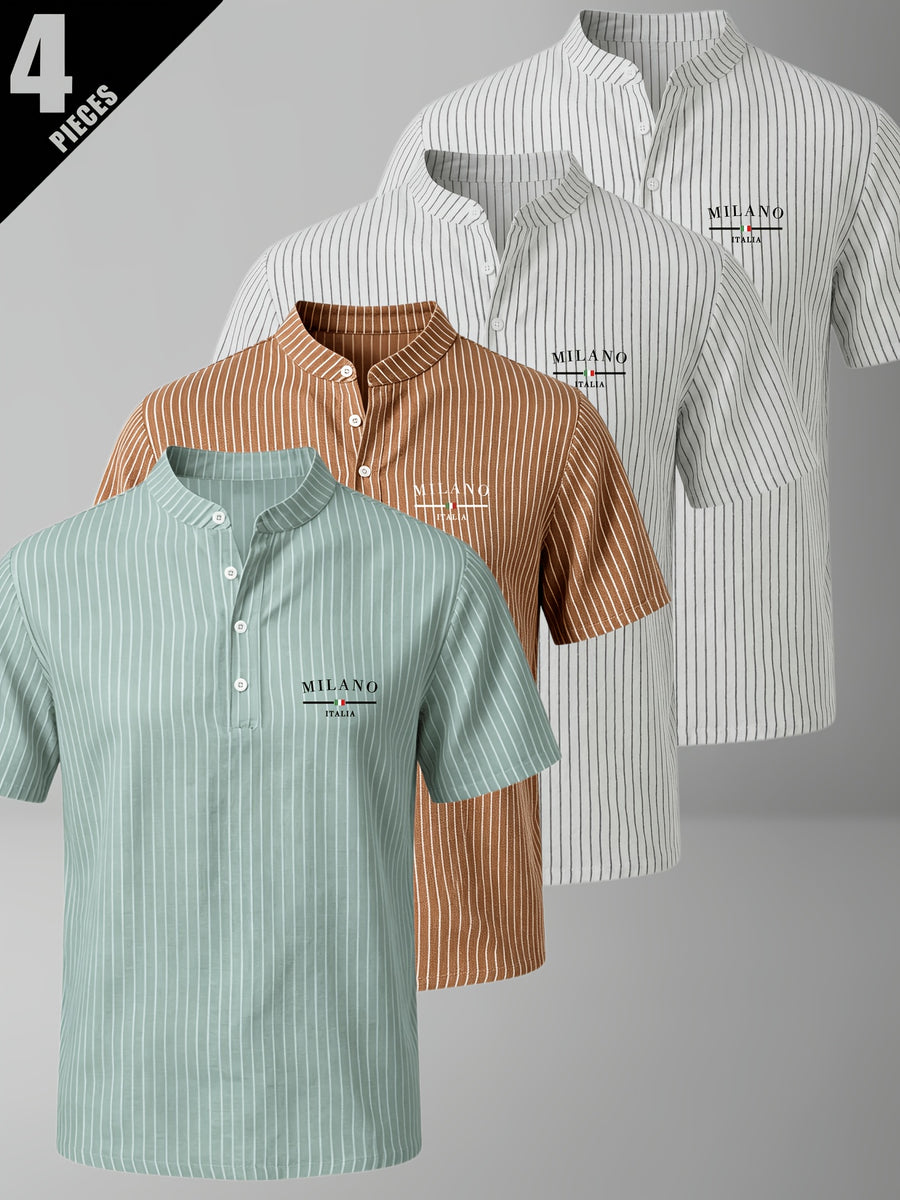 4pcs Men'S Summer Striped Linen Blend Henley Shirts, Milan Print Stand Collar Breathable Short Sleeve, Office Casual Versatile Top - Mixed Color 16