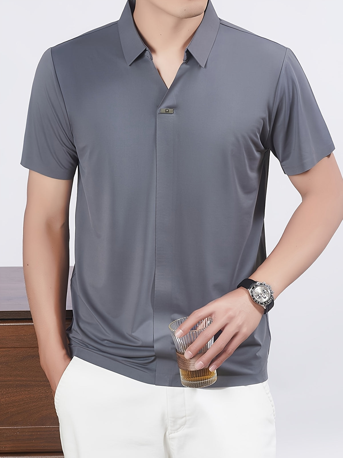 New Men's Seamless Short-Sleeve Shirt, Suitable for Business Casual Wear, Ideal for Both Work and Formal Occasions, Casual and Comfortable Style - Grey