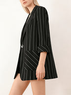 Color- Vertical Stripe Black and White Three-quarter Sleeve Turn-up Cuff Suit Jacket with Metal Buttons, Lined Inner Jacket, Front Lining, Piping Design, Textured Top - Black