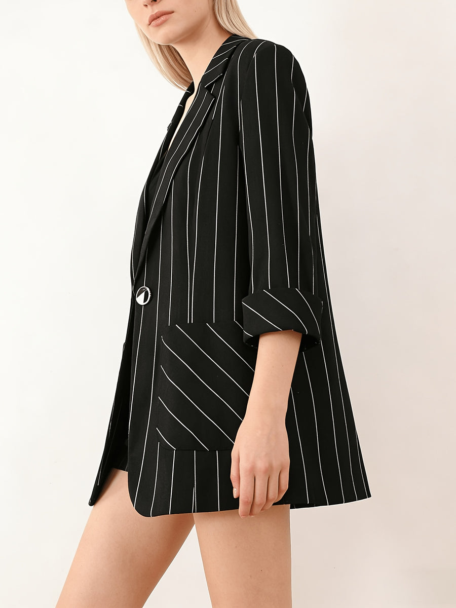 Color- Vertical Stripe Black and White Three-quarter Sleeve Turn-up Cuff Suit Jacket with Metal Buttons, Lined Inner Jacket, Front Lining, Piping Design, Textured Top - Black