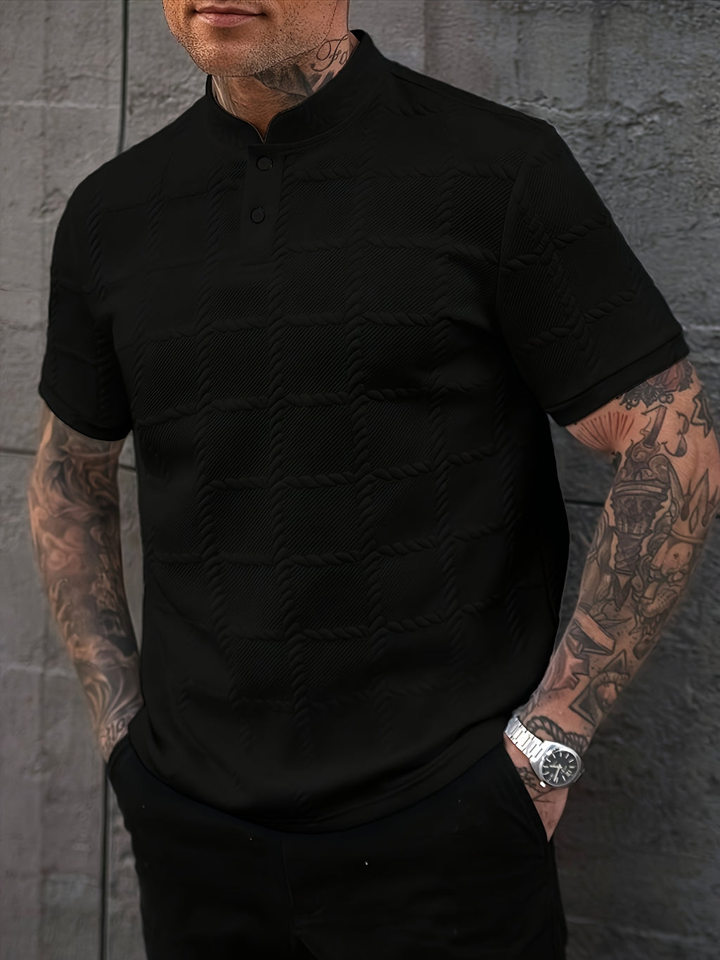 New Cross-Border Men's Fashion Summer Wear, Casual Sporty Short Sleeve Stand Collar Henley Shirt - Black