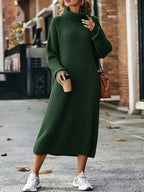 Oversized Long-sleeve Slouchy Turtleneck Sweater Dress, a Relaxed and Long-length Layering Skirt, a Top for Both Outerwear and Inner Layering, Suitable for Casual Wear, Home, and Commuting, Offering Comfort and Style - Dark Green