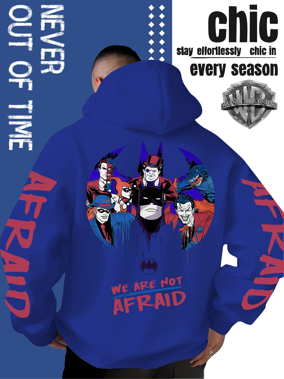Men'S Batman Hooded Sweatshirt, Cool Graphic Print with Hero And Villain Characters, English Slogans And Sleeve Graffiti, Classic Meets American Dark Streetwear, Fall/Winter Comfortable Long Sleeve, Trendy Street Style for Men - Royal Blue