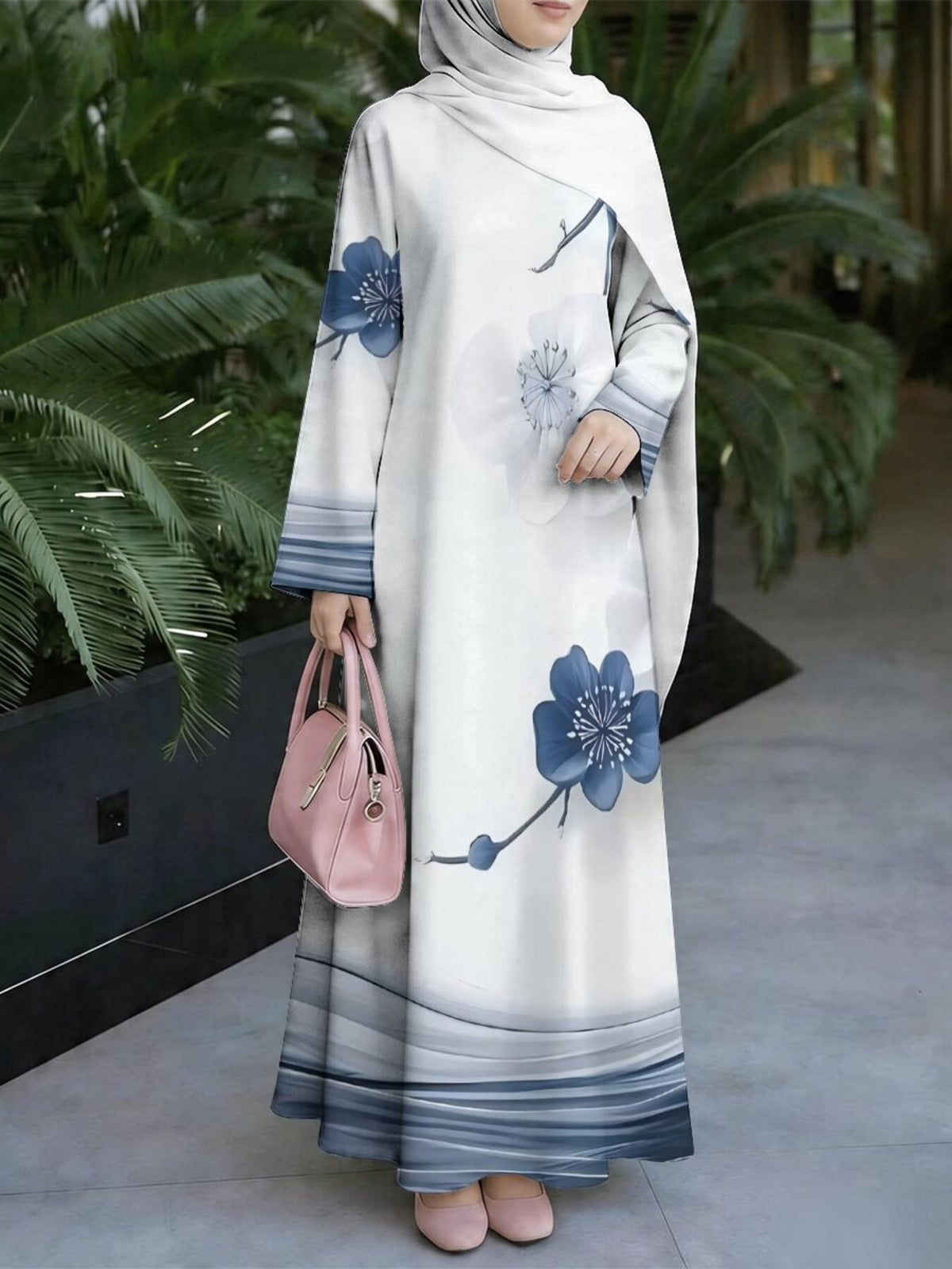 Women's Middle Eastern Style Muslim Elegant Robe, White Base with Blue Ink Wash Floral Gradient Print Long Dress, Loose Fit with Long Sleeves and Wide Flared Hem, for Prayer, Banquets, and Daily Outings, Smooth and Skin-Friendly, Non-Embroidered - Mixed colors