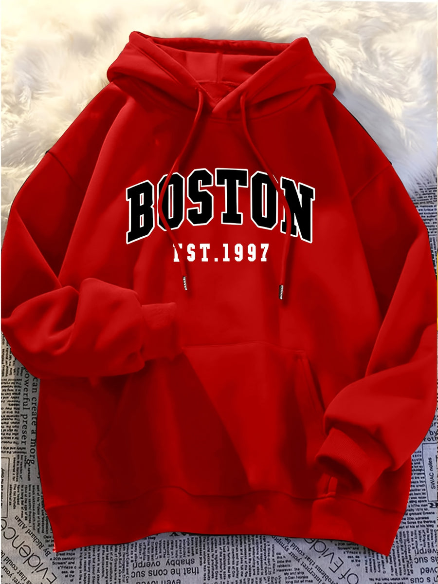 Minimalist Style Boston Letter Print Men'S Hooded Sweatshirt Regular Fit, Casual Long Sleeve Pullover - Red