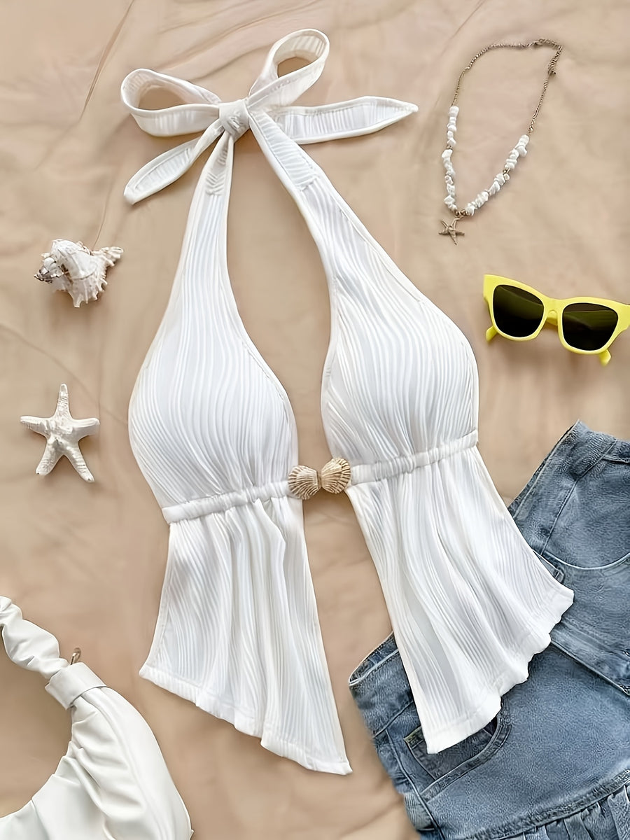 Sexy V-Neck Metallic Detail Backless Cami with Ruffled Hem Top - White