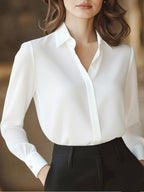 Classic Business Office Professional Shirt for Women, Elegant Figure-Enhancing Temperament Long Sleeve Top, Solid Color Non-Stretch Casual Women'S Shirt T-Shirt Top - White