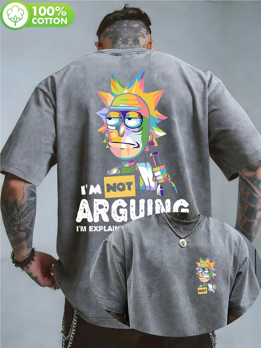 WB Warner Authorized, Men'S Vintage Distressed 100% Washed Round Neck T-Shirt, Multi-Colored Patchwork Rick with Fun Quotes Trendy Print Design, Loose Fit, Men'S Casual Versatile Loose T-Shirt, Suitable for Daily Wear And Outdoor Activities - Grey