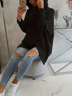 Plus Size, New European and American Women's Plus Size Hooded Sweatshirt with Full Front Zipper, Fashionable Asymmetric Hem Slit, Wide and Comfortable, Breathable, Thick and -Lined, Loose Fit, Long Sleeve, Warm for Autumn and Winter - Black